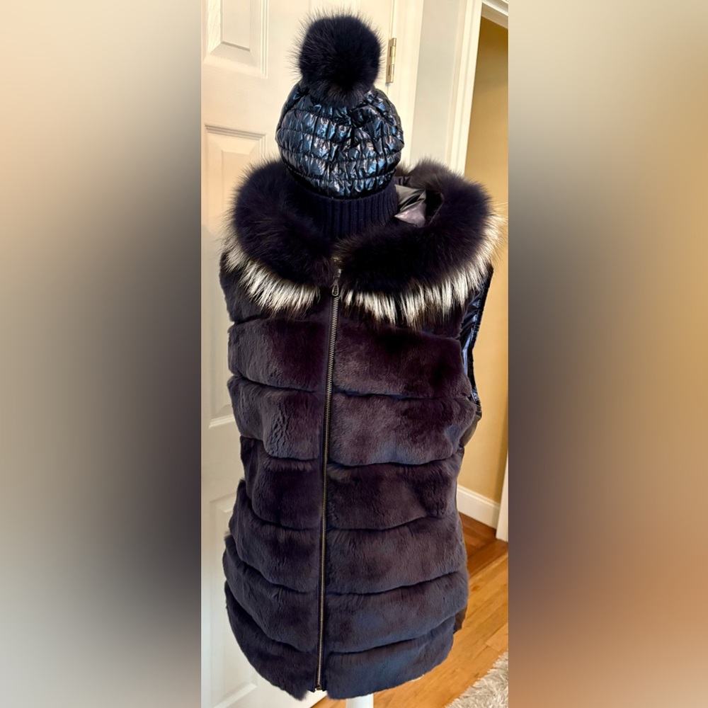 Navy Sheared Rabbit Vest with Silver Fox trimmed Hood with Shiny puffy back.